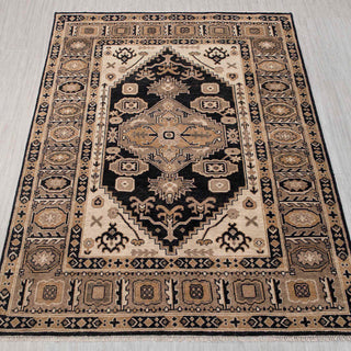 Hand-knotted wool rug in black, beige, taupe with bold geometric medallion design, 8x10.