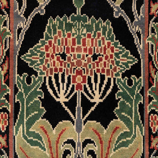 Hand-knotted wool runner featuring William Morris-style floral pattern in black, olive, terracotta, 2.6x10


