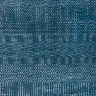 Hand-knotted wool runner featuring linear textured stripe pattern in teal and sky blue, 2.6x14.

