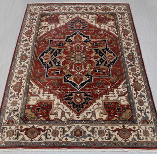 Hand Knotted Persian Serapi Rug 9x12 in Rust Red and Navy Blue with Geometric Medallion
