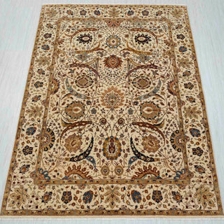 Ivory Persian hand-knotted wool rug in 8x10 with floral vine pattern design, high quality living room area carpet.