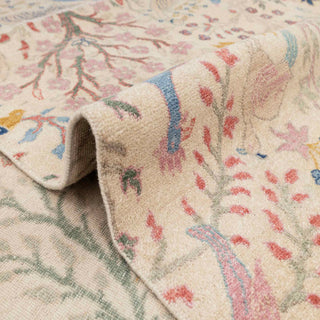 Ivory birds-and-garden wool rug, dense pictorial 8x10 carpet ideal for bright living rooms, bedrooms, nurseries