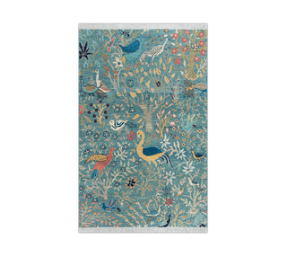 4x6 Blue Traditional Botanical Birds Wool Rug