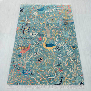 4x6 Blue Traditional Botanical Birds Wool Rug