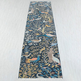 2'6x15 Navy Birds Garden Fine Hand Knotted Runner Rug