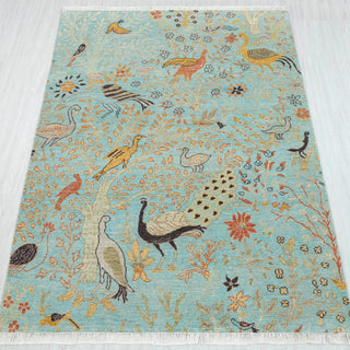 5x7 Light Turquoise Birds Peacock Garden Wool Rug