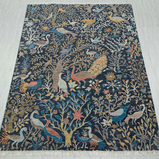 6x9 Navy Birds Peacock Garden Scene Wool Rug
