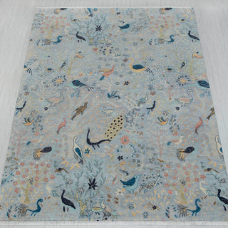 Distressed Gray Birds Peacock Fine Knotted Woolen Rug