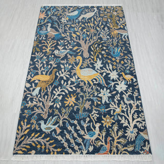 4x6 Navy Traditional Botanical Birds Wool Rug