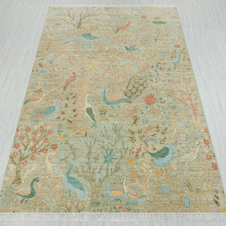 6x9 Muted Sage Vintage Botanical Style Birds Rug