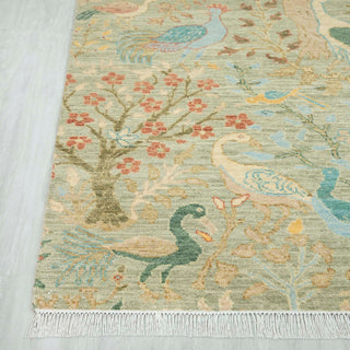 6x9 Muted Sage Vintage Botanical Style Birds Rug