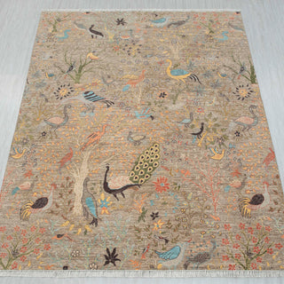 8x10 Hand Knotted Birds Peacock Motifs Wool Rug