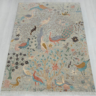 5x7 Hand Knotted Birds Peacock Motifs Wool Rug