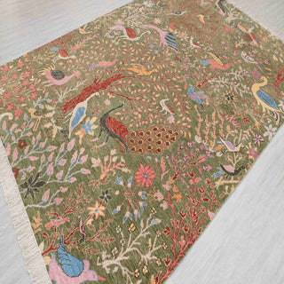 Kashmiri-style hand-knotted rug with paradise garden bird motifs in olive, coral, teal, 6x9