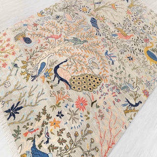 Kashmiri-style hand-knotted rug with paradise garden bird motifs in soft grey multicolor, 6x9
