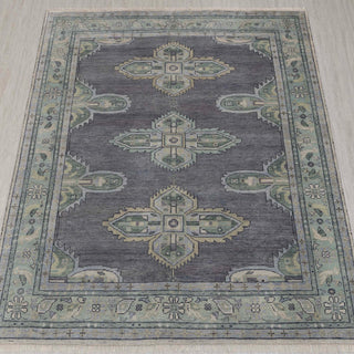 Kazak hand-knotted rug in gray, sage, ivory with geometric medallion design, 8x10 area size.