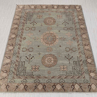 Khotan hand-knotted rug in sage green and camel with geometric medallion design, 10x14 ft.