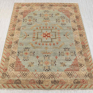 Khotan hand-knotted rug in sage green and camel with geometric medallion design, 8x10 ft