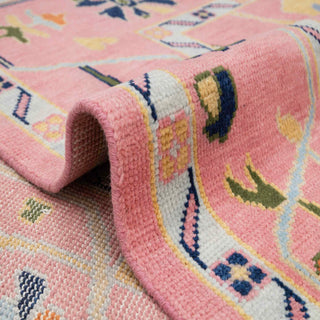 Large wool area rug, coral pink Oushak floral design, soft medium-pile 9x12 carpet ideal for kids or living room.