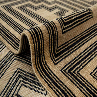 Large wool area rug, tan and black maze blocks, low-pile 9x12 carpet ideal for living or dining room.