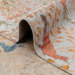 Light grey bird-and-floral wool rug, 8x10 living room carpet, durable low pile, fringed edges