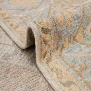 Low-pile 8x10 hand-knotted area rug, ivory gold blue Oushak design for living room or bedroom