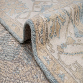 Low-pile 8x10 hand-knotted area rug, sky blue ivory taupe Oushak design for living room or bedroom
