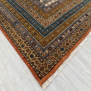 Luxury 8x10 ivory Persian wool rug, hand-knotted, durable pile, geometric design for dining room