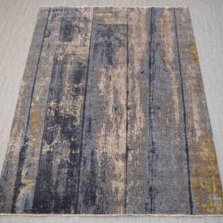 Modern abstract rug in gray beige gold with wood plank design. 8x10 ft low pile area rug.