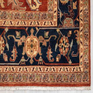 Modern classic hand-knotted rug with bold linear botanical pattern in rust and navy for big rooms.