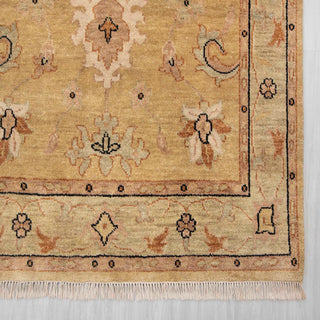 Modern classic hand-knotted rug with distressed Oushak floral pattern in golden neutral palette, 5x8