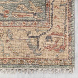 Modern classic hand-knotted rug with distressed Oushak floral pattern in sage and cream, 8x10