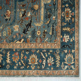 Modern classic hand-knotted rug with intricate curvilinear floral pattern in blue, beige, rust hues