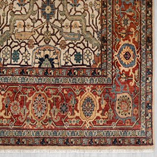 Modern classic hand-knotted wool rug with angular lattice pattern in ivory, rust, sage