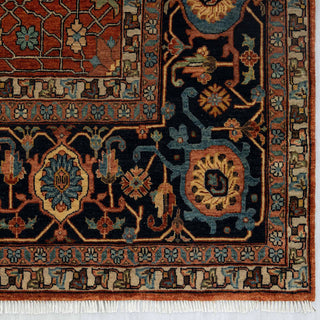 Modern classic hand-knotted wool rug with bold angular lattice pattern in rust and navy tones, 9x12