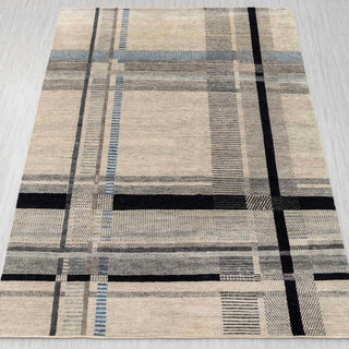 Modern hand-knotted rug in beige, grey, black with plaid linear grid design, 9x12 size.