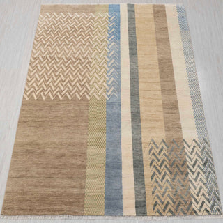 Modern hand-knotted rug in beige, taupe, blue with chevron stripe design, 9x12 area rug.