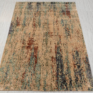 Modern hand-knotted rug in beige, teal, rust with abstract painterly design, 8x10 size.