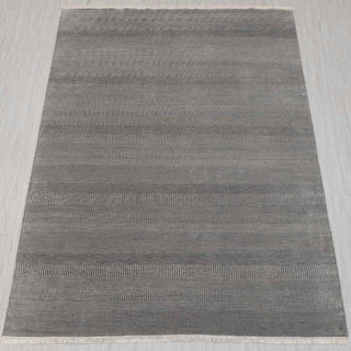 Modern hand-knotted rug in charcoal and grey with subtle horizontal stripe design, 8x10.