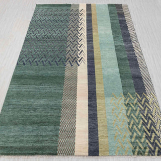 Modern hand-knotted rug in green, teal, blue with chevron stripe design, 9x12 area rug.