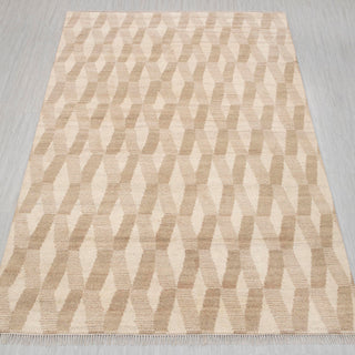 Modern hand-knotted rug in ivory and beige with soft geometric wave design, 8x10 size
