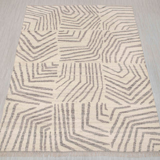 Modern hand-knotted rug in ivory and taupe with geometric linear maze design, 8x10