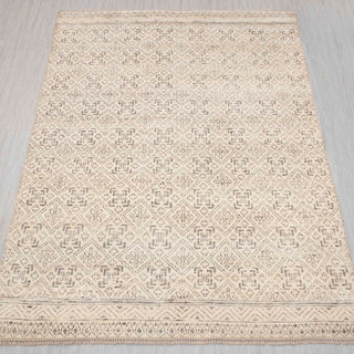 Modern hand-knotted rug in ivory and taupe with small diamond lattice design, 8x10