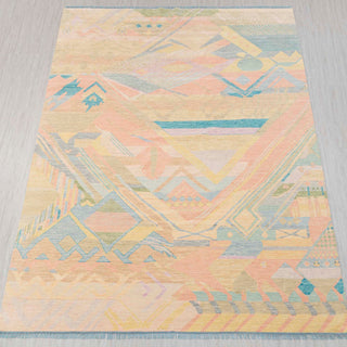 Modern hand-knotted rug in pastel peach, yellow, and aqua with abstract geometric design, 10x14.