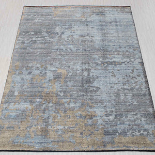 Modern hand-knotted rug in steel blue, grey, beige with abstract distressed design, 9x12
