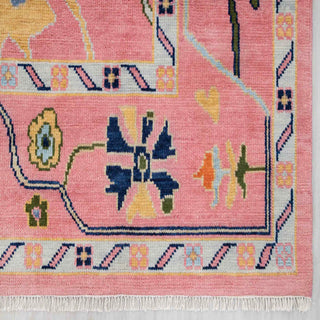 Modern hand-knotted rug with abstract Oushak-inspired florals and vines in coral, teal, navy and gold