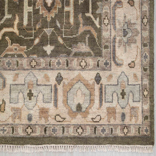 Modern hand-knotted rug with abstract Oushak-inspired pattern in earthy olive, cream, taupe.