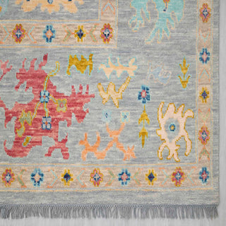 Modern hand-knotted rug with abstract Oushak-inspired pattern in soft grey, blush, gold and aqua tones