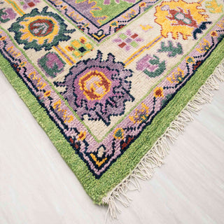 Modern hand-knotted rug with abstract Oushak pattern in bright green, lilac, and gold, 8x10.