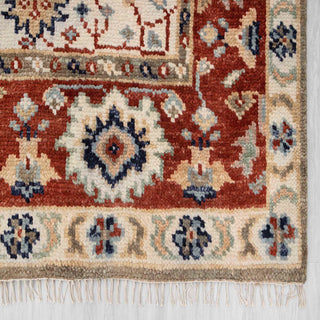 Modern hand-knotted rug with abstract Oushak pattern in ivory, rust, denim blue, 9x12.